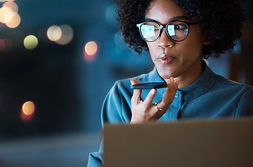 Image showing Woman, smartphone and recording with laptop, night and message for communication, online or job. Phone call, voice message and loudspeaker for agenda, strategy and plan to network, night or office