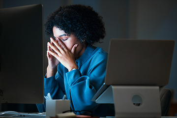 Image showing Headache, night and business woman fail or tired of overtime, deadline and work pressure with burnout and muscle strain. Corporate, evening and employee with stress working late in a company