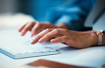 Image showing Keyboard, email marketing and hands of employee typing and working online for company website and doing research. Closeup, web and entrepreneur writing a project with deadline and information