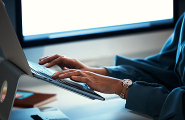 Image showing Laptop, night and hands of entrepreneur typing and working online for company website and doing research on internet. Closeup, web and employee writing a project with deadline and information