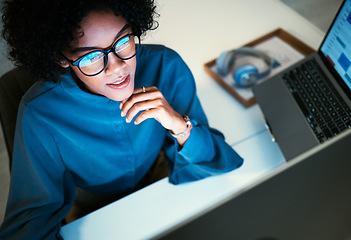 Image showing Woman with computer, thinking and spreadsheet for schedule, agenda or reminder in office administration. Online calendar, diary and girl at desk planning time management at startup with high angle.