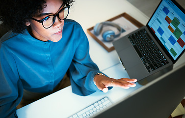 Image showing Woman with computer, office and checking schedule, agenda and reminder for administration. Online calendar, diary and laptop screen, girl at desk planning spreadsheet for time management from above.