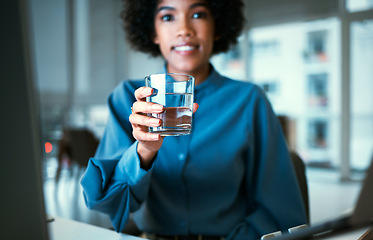 Image showing Woman, glass and water in portrait, office and smile for hydration, wellness and pride at finance company. Accountant, natural drink and happy for nutrition, diet or detox for health in workplace