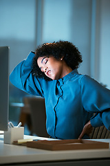 Image showing Neck pain, night and business woman tired of overtime, deadline and work pressure with burnout and muscle strain. Corporate, evening and employee with stress injury working late in a company