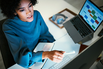 Image showing Woman with computer, notebook and checking schedule, agenda and reminder for office administration. Online calendar, diary and girl at desk planning spreadsheet for time management with high angle.