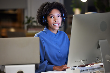 Image showing Computer, call center portrait and professional happy woman for customer service, telemarketing and help desk advice. Night tech support, contact us and advisory consultant smile for e commerce sales
