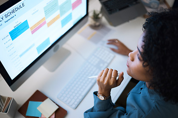 Image showing Woman with computer, thinking and checking schedule, agenda and reminder for office administration. Online calendar, planner and girl at desk planning spreadsheet for time management with high angle.