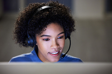 Image showing Computer, call center face and business woman for customer care, lead generation and consulting for help desk. Night consultation, contact us and advisory consultant communication on e commerce sales
