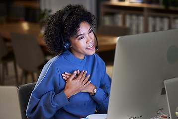 Image showing Computer video call, customer care or business woman communication, telemarketing or advice on online conference. Tech support consultation, virtual meeting or night agent talking on telecom webinar