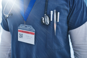 Image showing Close up, doctor and medical utensils with stethoscope, morning sunrise and name tag. Healthcare, service professional and work for wellness, scrubs and worker for employee, surgeon and medicare