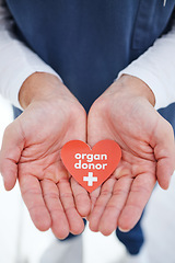 Image showing Nurse, hands and heart for organ donor, transplant and good deed for healthcare, medical service and work. Doctor, hospital and charity for help, support and sign for medicare, compassion and donatio