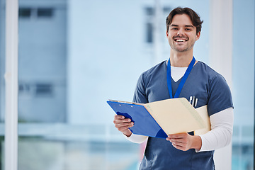 Image showing Hospital portrait, doctor folder and happy man with results, healthcare records or clinic info data. Happiness, medical research or professional nurse smile for medicine, wellness or health portfolio