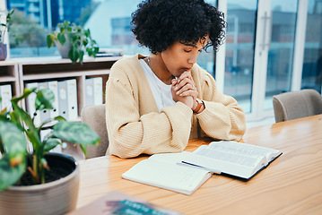 Image showing Praying, bible and woman with religion, spiritual and hope with guidance, studying or Christian with faith. Person, girl and Catholic with holy scripture, book or home with help, peace and gratitude