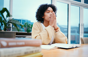 Image showing Prayer, bible and woman with faith, hope and gratitude with guidance, healing or Christian with worship. Person, girl and Catholic with holy scripture, book or home with help, spiritual and religion