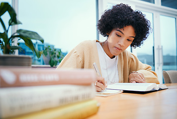 Image showing Bible, religion and woman with study of theology in home, Christian faith and knowledge of God for hope. Reading, spiritual writing and girl at desk with holy books, learning gospel story and prayer.