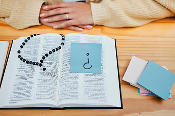 Image showing Woman, bible study and question on sticky note, rosary and god for worship, religion and spiritual. Christian, faith and education for christ, believe and respect for scripture, prayer and knowledge