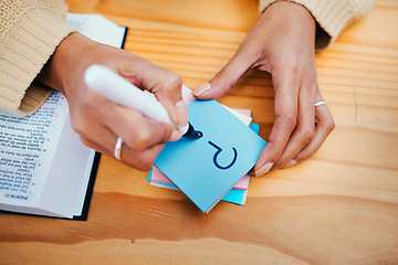 Image showing Woman, bible and question on sticky note, hands and god for worship, religion and spiritual. Christian, faith and education for christ, believe and respect for scripture, prayer and holy knowledge