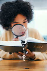 Image showing Bible, magnifying glass and woman with investigation, religion research and Christian study. Book, learning and information search in home with cross, story analysis and lens for spiritual knowledge
