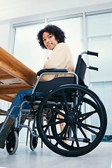 Image showing Office, desk and portrait of woman in wheelchair for working on project, planning and report. Company, inclusive workplace and happy person with disability for job, career and work opportunity