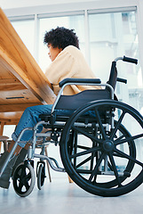 Image showing Office, desk and worker in wheelchair for working on project, planning and report in inclusive workplace. Company, professional and closeup of person with disability for job, career and opportunity