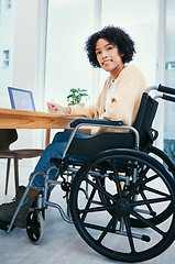 Image showing Office, smile and portrait of woman in wheelchair at desk on laptop working on project, report and research. Company, startup and person with disability on computer for internet, email and planning