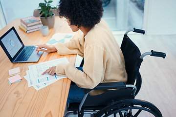 Image showing Office, documents and woman in wheelchair on laptop working on project, data report and research at desk. Company, startup and person with disability on computer for internet, analysis and graphs