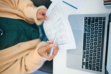 Image showing Top view, business and woman with document, laptop and keyboard with accountant, check profit and budget planning. Person, economy and employee with a pc, paperwork and counting with finance or agent