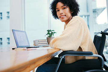 Image showing Business, happy and portrait of woman in wheelchair at desk on laptop working on project, report and research. Company, office and person with disability on computer for internet, email and schedule