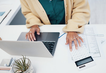 Image showing Woman, hands and laptop on calculator in budget, planning or accounting on desk at office. Closeup of female person or accountant in audit, financial plan or savings for salary or profit at workplace