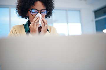 Image showing Sick business woman blowing nose for allergy, covid disease and virus in startup company. Professional on computer, tissue paper and allergies for health problem, cold fever and bacteria in winter