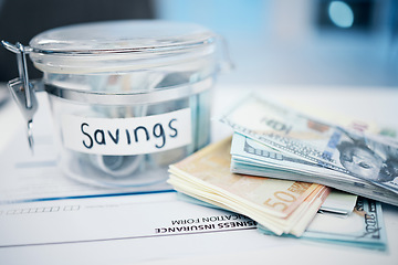 Image showing Money, savings in a jar and finance with insurance paperwork, payment and wealth, bills and legal policy. Cash notes, container and financial background, growth and investment, document and security