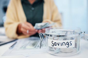 Image showing Woman, jar and savings for money, investment or growth in finance, profit or expenses on desk at home. Female person counting cash, bills or paper notes in financial freedom or interest in container