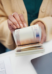 Image showing Hands, budget and a business person counting money closeup in the office of a bank for accounting. Cash, finance and economy with a financial advisor closeup in the workplace for investment growth