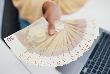 Image showing Person, hand and money fan in financial freedom, salary or payment for investment, growth or profit at office. Closeup of employee with cash flow, paper note or bills in expenses, savings or shopping