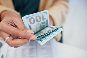 Image showing Hands, finance and a business person counting money closeup in the office of a bank for accounting. Cash, budget and economy with a financial advisor closeup in the workplace for investment growth