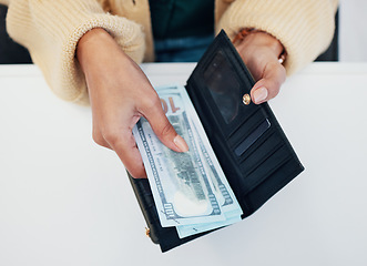 Image showing Woman, hands and wallet with money for savings, investment or payment on counter at checkout. Top view or closeup of female person with cash, bills or paper notes for finance, purchase or shopping