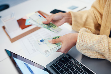 Image showing Hands, money and business woman with laptop in office for budget, savings and investment closeup. Cash, counting and female investor with payment, loan or sale, deal and profit, growth or management