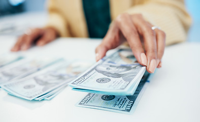 Image showing Hands, financial and a business person counting money closeup in the office of a bank for accounting. Cash, budget and economy with a finance advisor closeup in the workplace for investment growth