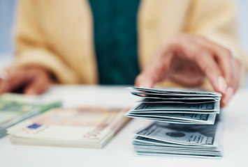 Image showing Hands, finance and a business person counting cash closeup in the office of a bank for accounting. Money, budget and economy with a financial advisor closeup in the workplace for investment growth