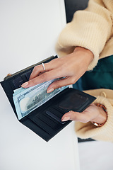 Image showing Person, hands and wallet with money for investment, savings or payment on counter at checkout. Top view or closeup of female person with cash, bills or paper notes for finance, purchase or shopping