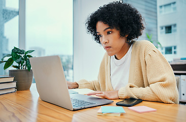 Image showing Woman with laptop, typing and notes in home office with research, internet and reading ideas for freelance project. Remote work, web report and girl with computer, thinking or writing online feedback