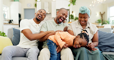 Image showing Black family, relax and parents with child on sofa at home for bonding, quality time and happiness. Happy, lounge and happy mother, father and girl on couch laughing together for fun in living room