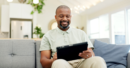 Image showing Technology, mature man with tablet and in living room of his home happy for social media. Online communication or networking, connectivity or leisure and black male person on couch with smile