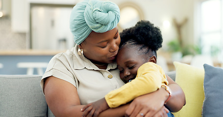 Image showing Mom, kiss or hug sleeping child on couch for love, care or console for comfort in lounge at home. Black woman, happy mother or embrace girl kid on lap for nap, support or relax on sofa in living room