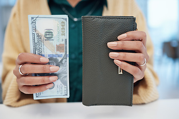 Image showing Person, hands and wallet with money for investment, payment or savings on counter at checkout. Closeup of employee with cash, bill or paper notes for profit, salary or finance in purchase or shopping