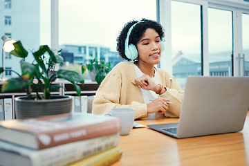 Image showing Headphones, dance and young woman with laptop in living room listening to music, playlist or album. Smile, technology and female person from Colombia moving and streaming song on radio with computer.