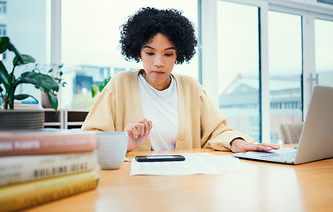 Image showing Woman with laptop, phone and research in home office with documents, internet and ideas for freelance project. Remote work, mobile app and girl with computer, paperwork and checking online website.