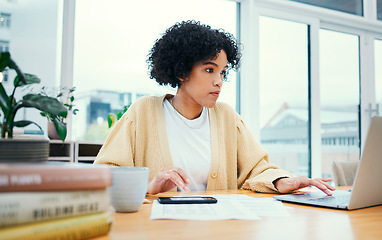 Image showing Woman with laptop, documents and research in home office with smartphone, internet and ideas for freelance project. Remote work, mobile app and girl with computer, paperwork and reading email website