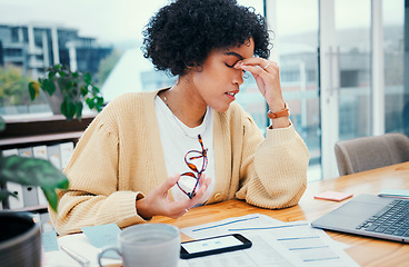 Image showing Stress headache, laptop and woman with bills, debt and glasses, exhausted with tax audit in office. Frustrated, fatigue and tired girl with pain, burnout or anxiety for invoice payment at computer.