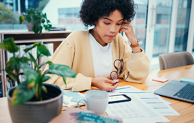 Image showing Thinking, documents and woman with finance, budget and planning with savings, accounting and investment. Person, home or girl with paperwork, financial report or laptop with solution or brainstorming